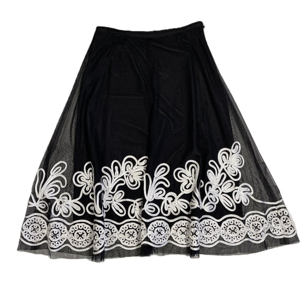 Peter Nygard Midi Skirt Sz 8 Petite Black Tulle Lined Black White Embellished